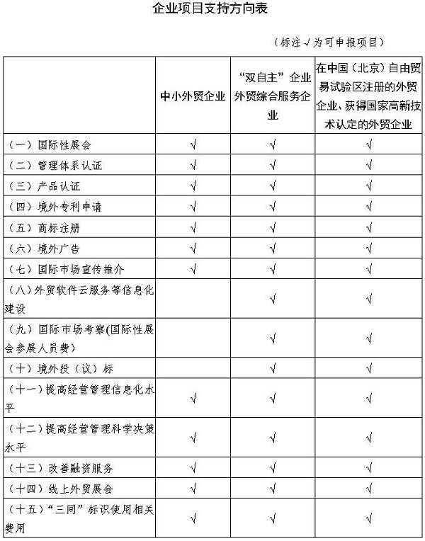 企业项目支持方向表